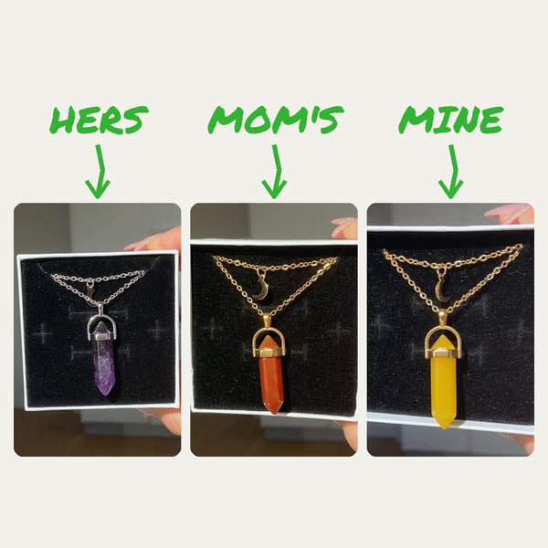 Hers, mom's and mine: three necklaces in three aura colors