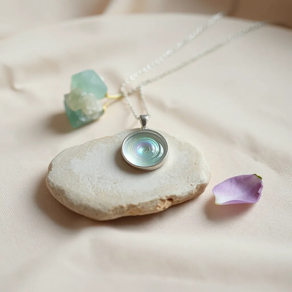 Delicate silver pendant necklace with a subtle swirling iridescent aura glow on a soft neutral surface
