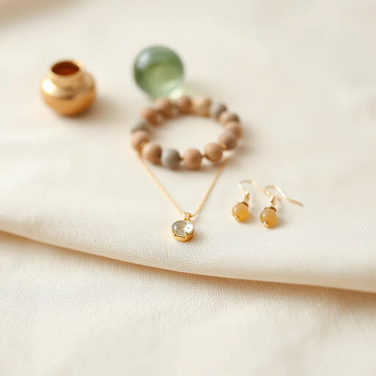 Delicate energy healing jewelry set with gemstone pendant, bracelet, and earrings on neutral fabric under warm light