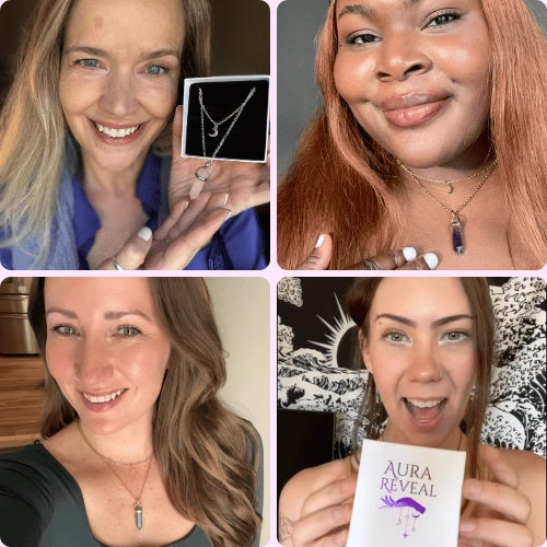 Four women wearing their aura necklaces
