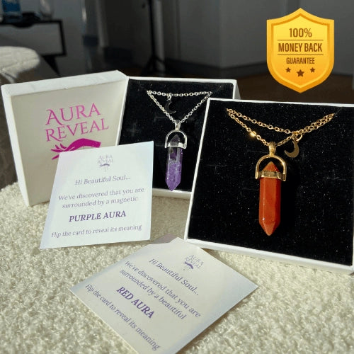 Two aura necklaces in gift boxes with the money-back guarantee badge